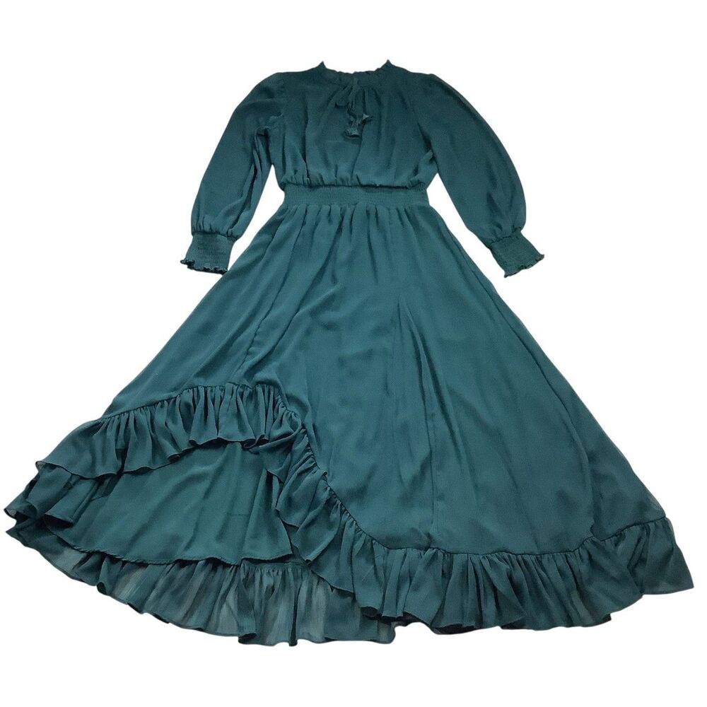 Sam Jess Long Sleeve Teal Chiffon Midi Maxi Dress High-Low Women S Cottagecore